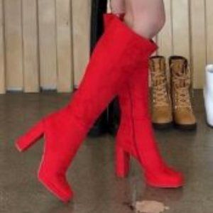 Red suede high boots
